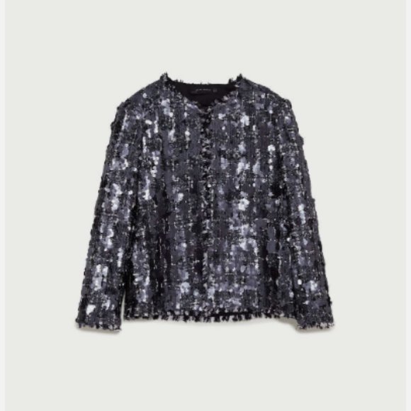NWT Zara Tweed Black Sequined Open Jacket Blazer. M - Picture 3 of 12